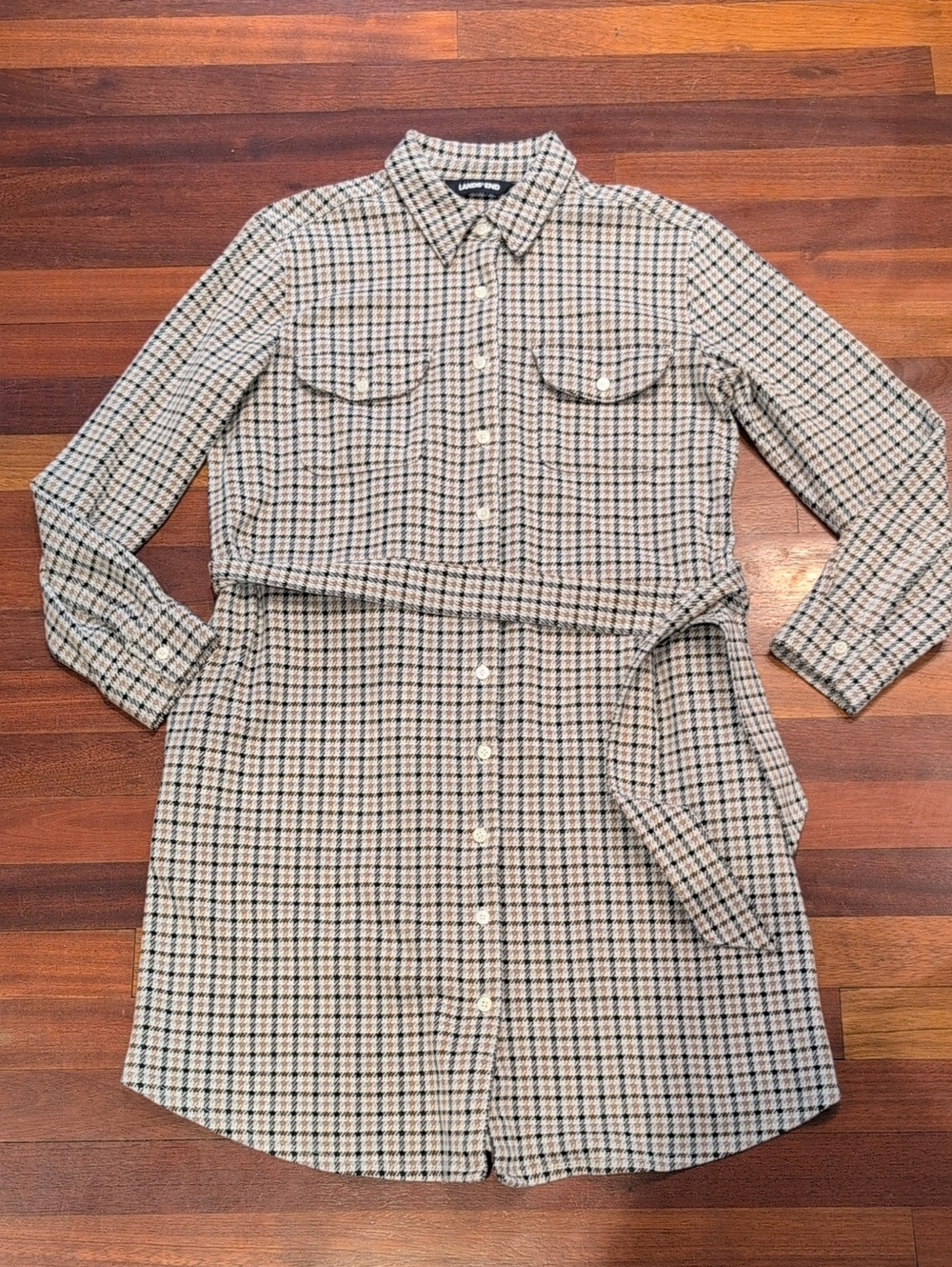 Lands' End Beige Plaid Button-Up Women's Dress Flannel Collared